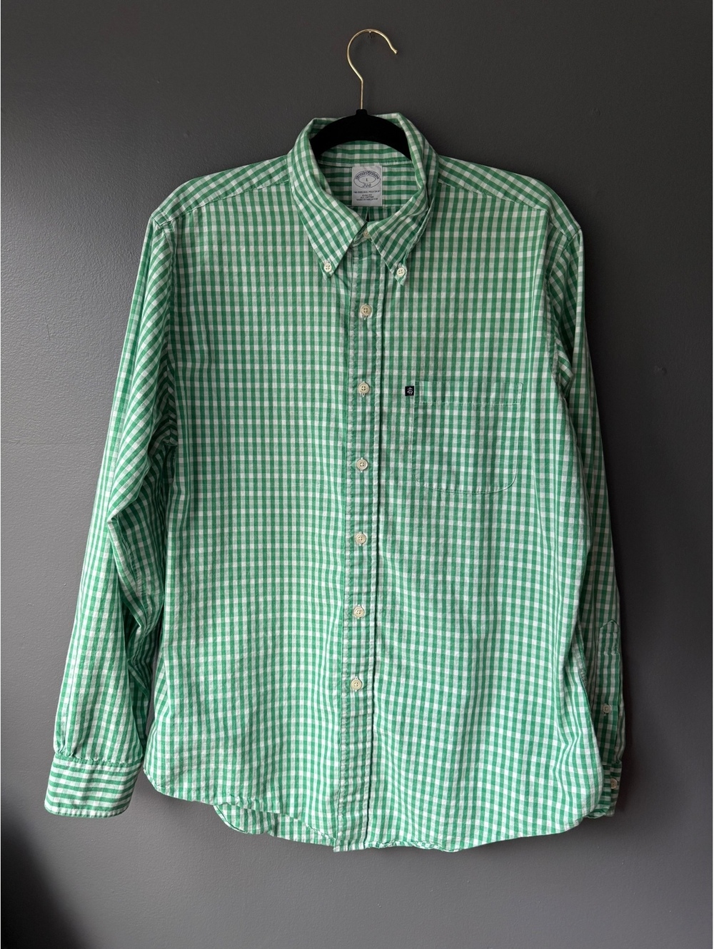 Brooks Brothers Green and White Slim Fit Gingham Button-Down Shirt, Size Large